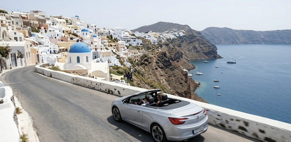 Stunning aerial view of Santorini's iconic white buildings and the deep blue Aegean Sea